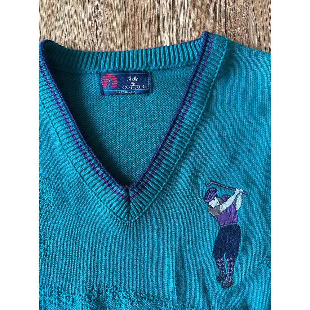 Isle Of Cotton Vintage Green Golfing V Neck Sweater Size Large